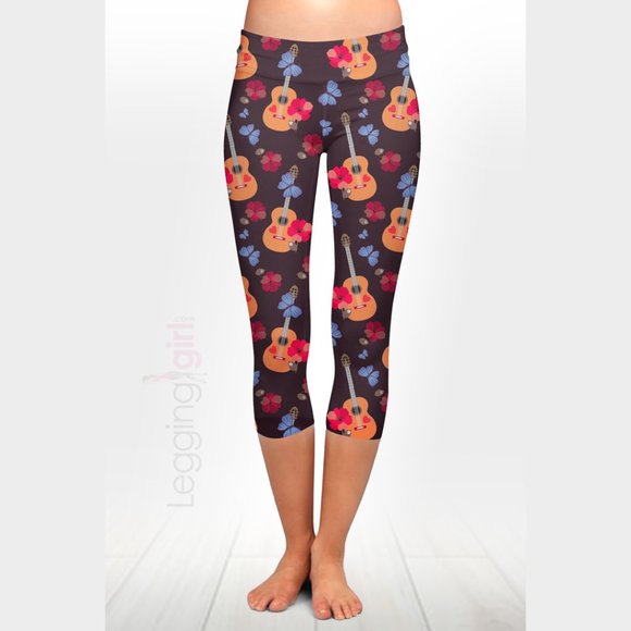 Live Music Capris - Guitars and Flowers Wide Band Printed Women's Leggings One S - Picture 1 of 2